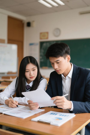 Study hard and discuss at high school students' desksの素材