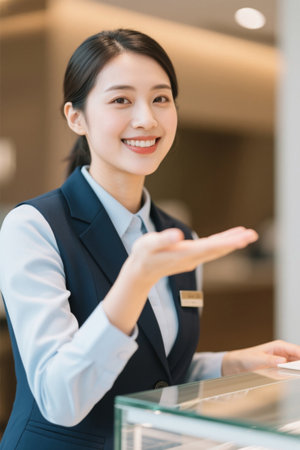 Smiling young female store clerk warmly welcomes customersの素材
