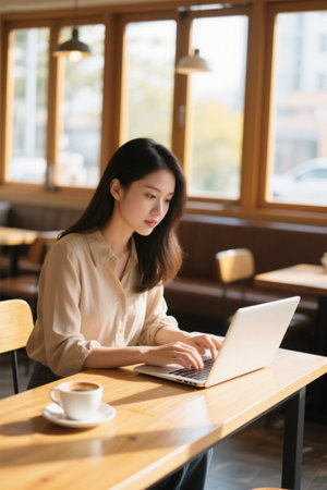 Young woman working hard in a cafeの素材