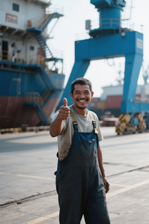 Dock workers give thumbs up to express satisfactionの素材