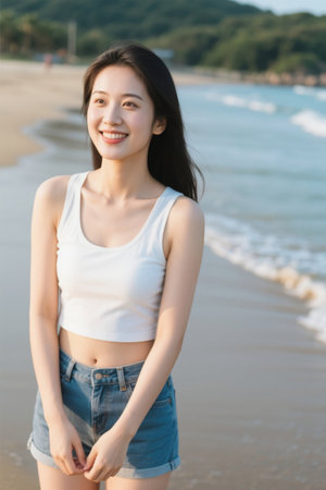 Beach girl sunny smile youthful vitalityの素材