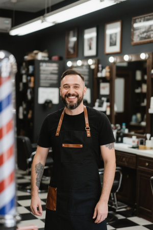 Happy young barber in the barbershopの素材