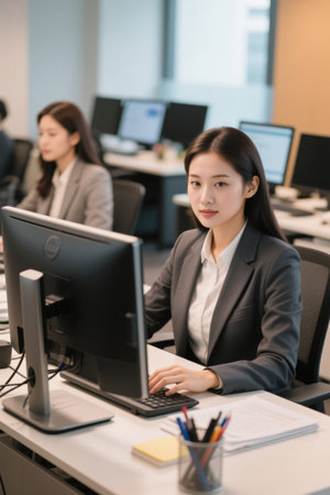 Women in the workplace work hard in front of the computerの素材