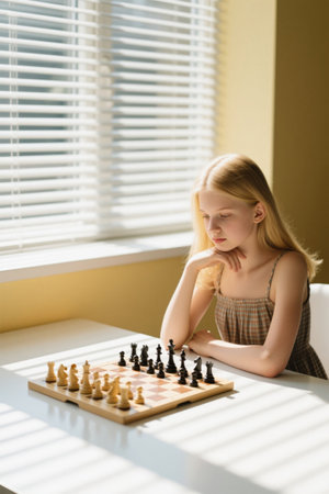 Girl in the sun focuses on playing chessの素材