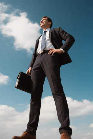 Successful men look up at the sky with confidenceの素材