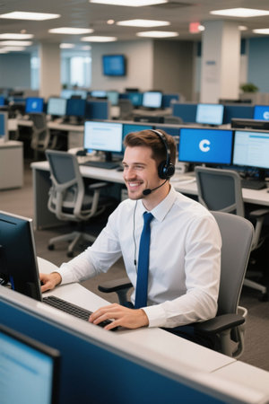 Young man working with headphonesの素材