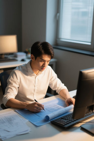 Young man working late at night to look at drawingsの素材