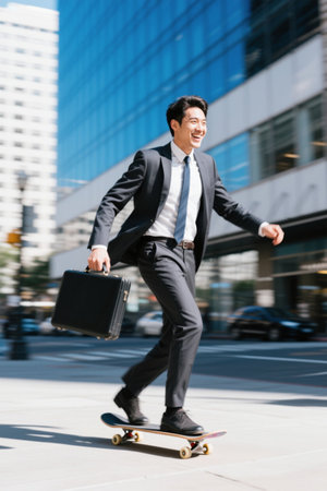 Suit men skateboard commuting happy travelの素材