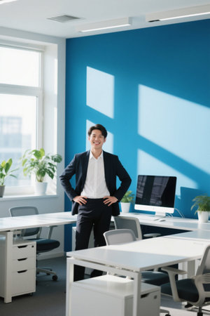 Sunlight on the office Confident smiling young manの素材