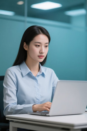 Laptop in young woman's officeの素材