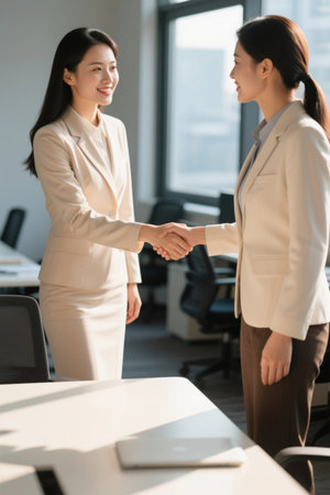 Women in the workplace shake hands and talk to negotiate cooperationの素材