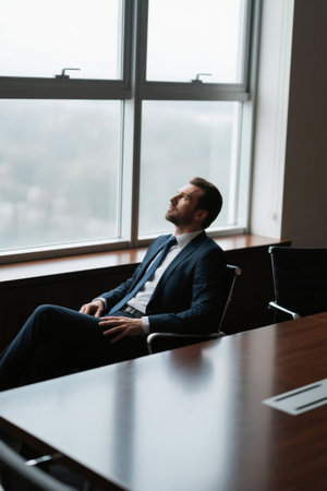 Suit man sitting in contemplation in front of office floor-to-ceiling windowの素材