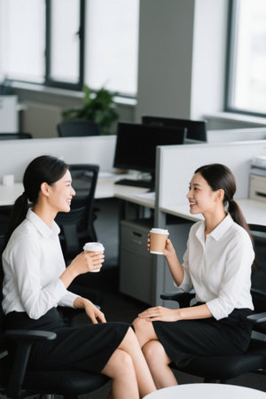 Two young women in the office had coffee and talkedの素材