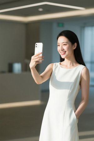 Young woman takes indoor selfie wearing white dressの素材