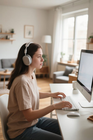 Girl with headphones working from home and working hardの素材