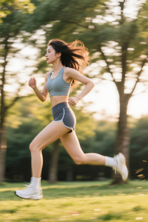 Young woman running in the sunの素材