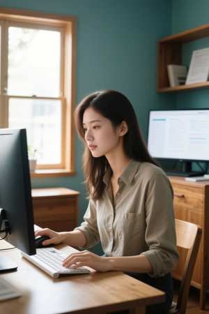 Young woman working from home earnestlyの素材