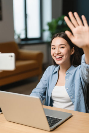 Young woman teleworking video conference from homeの素材