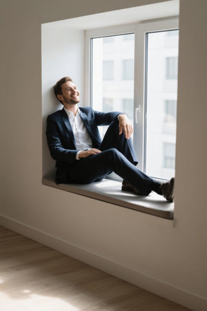 Suit man relaxes and smiles by the windowの素材