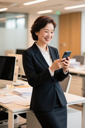 Women in the workplace check their mobile phone messages and smileの素材