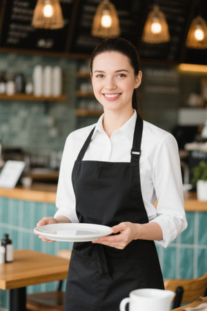 Cafe waiter smiling with a plateの素材