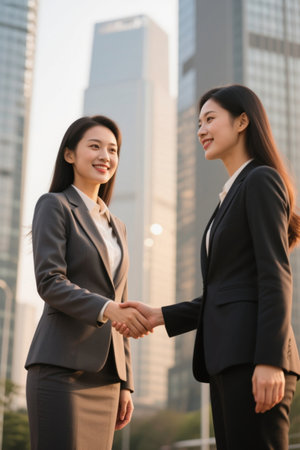 Urban beauties shake hands for business cooperationの素材