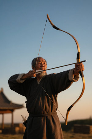The old man practices archery at sunsetの素材
