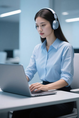 Headphones woman focused on office computerの素材