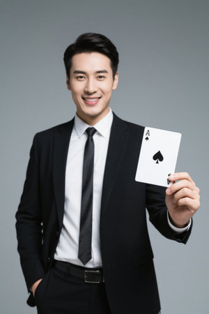 Suit man smiling with Ace of Spades playing cardsの素材