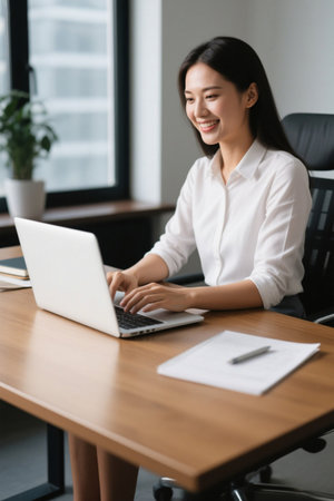 Young woman office work computer smileの素材