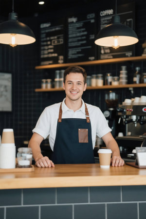 Coffee shop male employee smiles and serves customersの素材