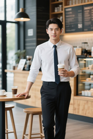 Young man in a suit in a coffee shopの素材