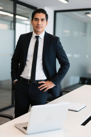 Business men in suits and ties stand confidently in the officeの素材