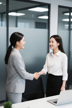 Women in the workplace shake hands and discuss cooperationの素材