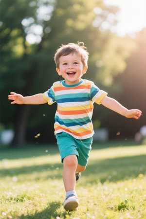 Cute little boy running happily outdoor photoの素材
