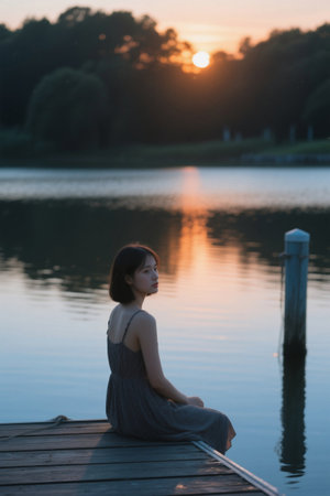 Evening lake girl sits in meditationの素材