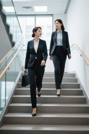 Women in the workplace go up and down stairs to talkの素材