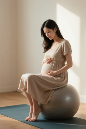 Gentle scene of meditation on a yoga ball for pregnant womenの素材