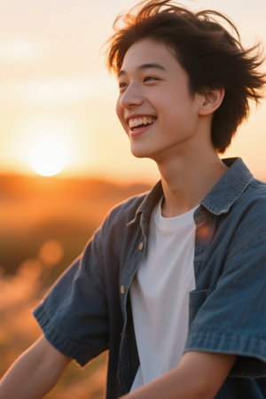 The happy young man's profile at sunsetの素材
