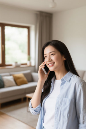 Young woman smiling brightly while talking on the phone at homeの素材