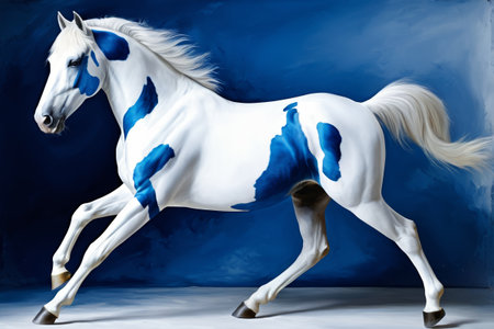 A white horse with a blue background and blue spotsの素材