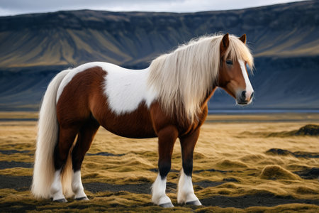 A brown and white horse standing in a fieldの素材