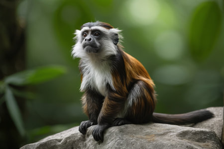 A monkey sits on a rock in the forestの素材