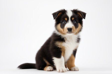 A puppy sits on the floor looking at the cameraの素材