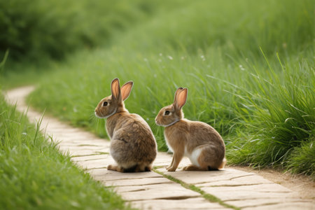 Two rabbits sitting next to a path in the grassの素材