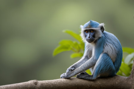 Monkey with blue hair sitting on a branchの素材