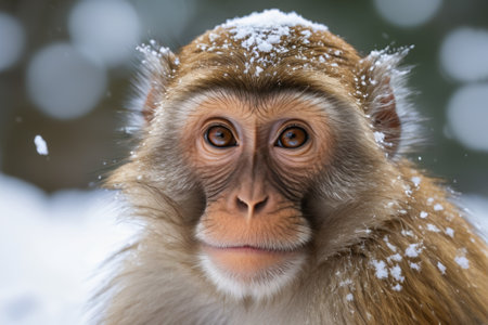 Monkey's face covered in snow in the snowの素材