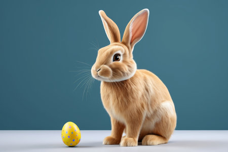 A rabbit sits next to an Easter egg on a tableの素材