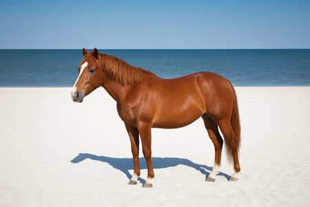 A brown horse stands on the beach by the seaの素材