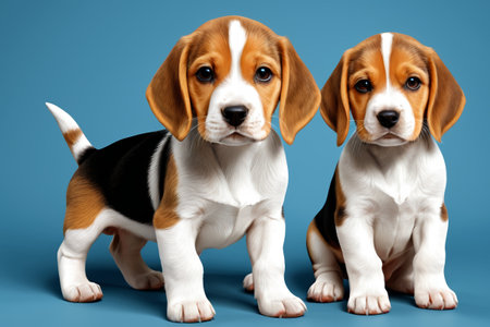 Two puppies standing side by side on a blue backgroundの素材